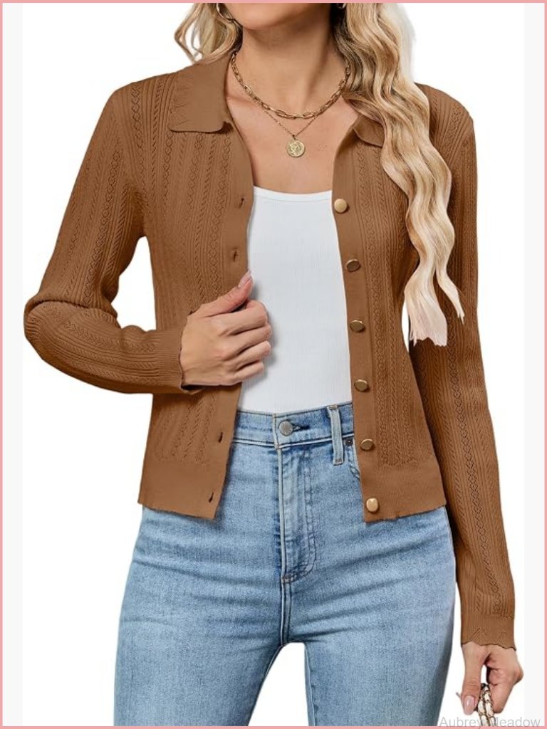 Crochet Knit Cropped Cardigan Sweater With Collar